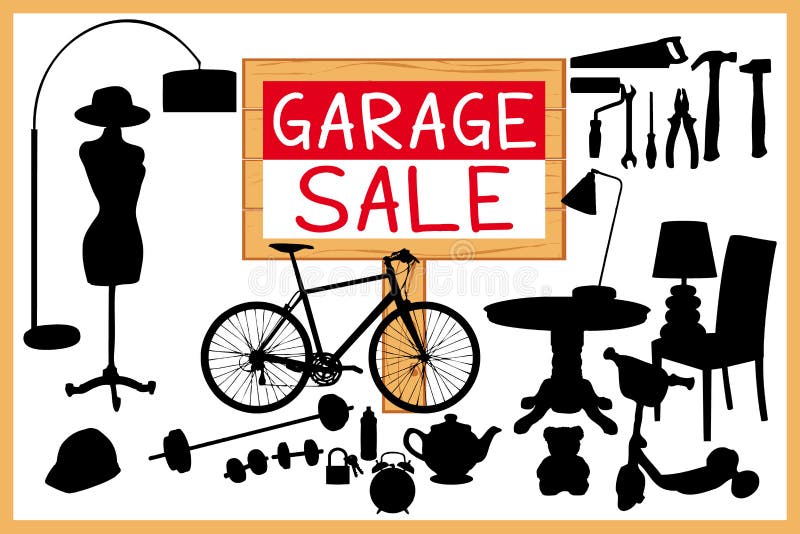 Garage sale woodboard. red cleanout illustration with red wooden signboard.