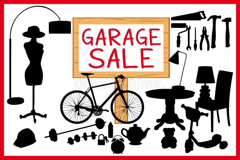 Garage sale woodboard. red cleanout illustration with wooden signboard.