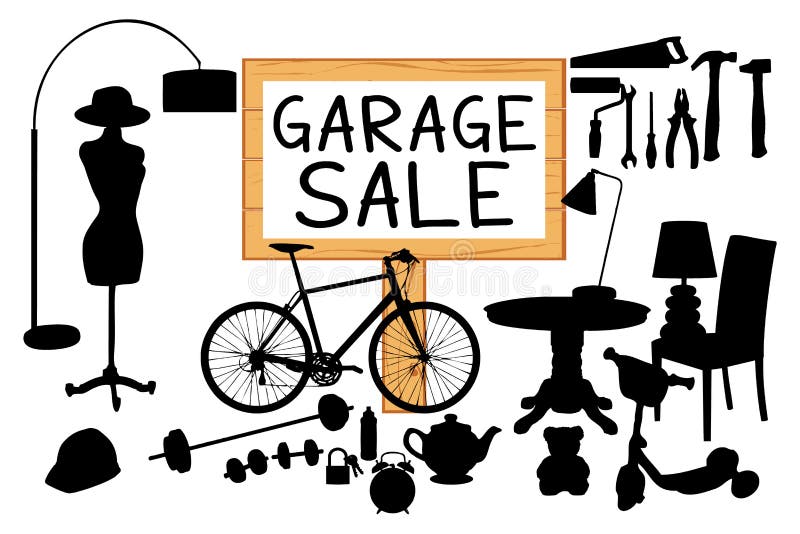 Garage sale woodboard. Silhouettes cleanout illustration with wooden signboard.