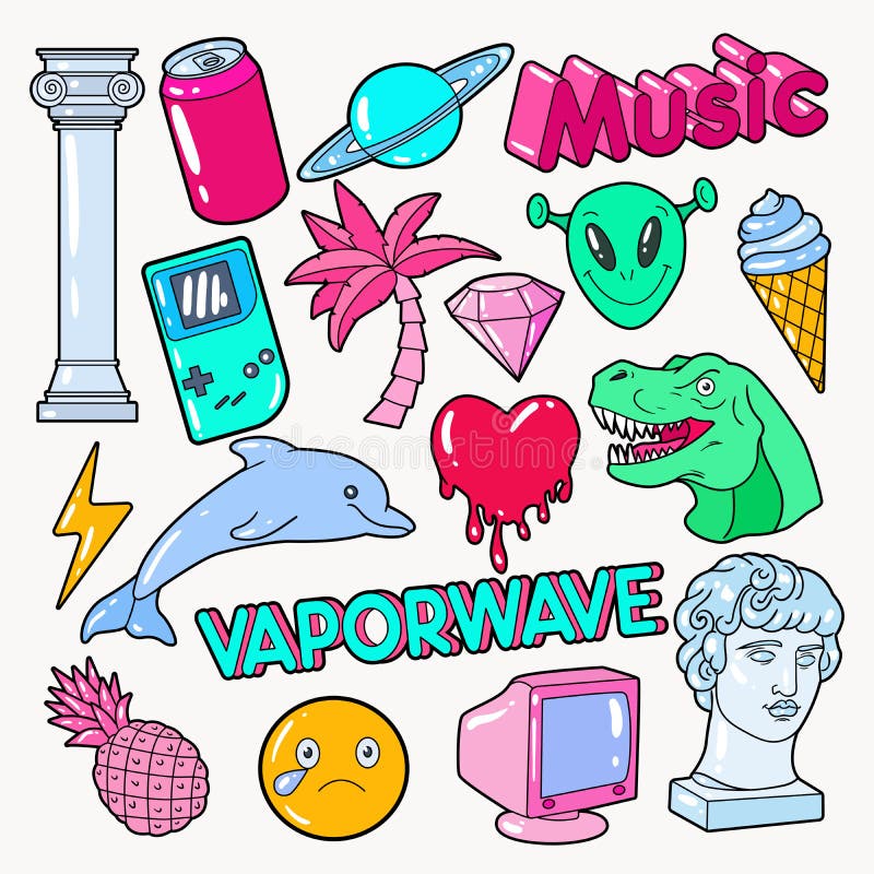Garatuja do estilo do adolescente de Vaporwave com dinossauro, computador e gelado ilustração stock Garatuja do estilo do adolescente de Vaporwave com dinossauro, computador e gelado ilustração stock