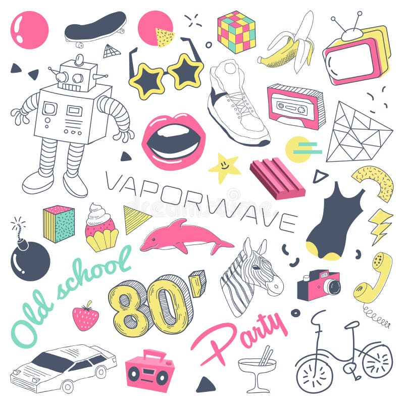 garatuja tirada mão da forma 80s com skate, bordos e óculos de sol Grupo de elementos a mão livre do estilo do adolescente ilustração stock garatuja tirada mão da forma 80s com skate, bordos e óculos de sol Grupo de elementos a mão livre do estilo do adolescente ilustração stock