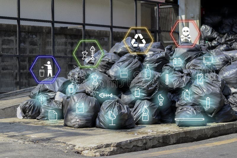 Garbage in the Black Bag with Waste Separation Type and Icon about