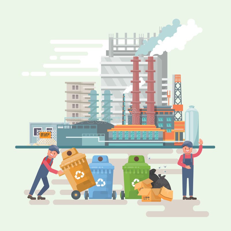 Garbage container vector illustration in modern style. Trash can set with rubbish. Refuse processing plant royalty free illustration