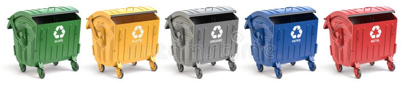 Garbage containers with separated garbage. Trash bins for plastic, glass, paper and organic. Segregate waste and garbage recycling