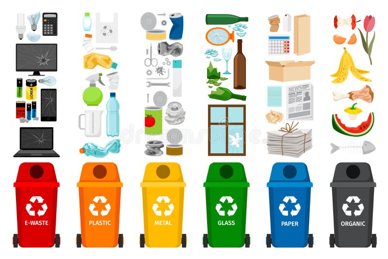 Garbage containers and types of trash vector illustration