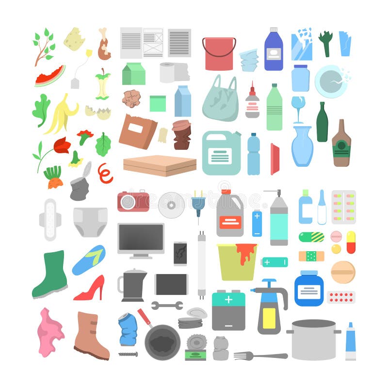 Garbage icon set. Collection of plastic, paper and glass waste stock illustration