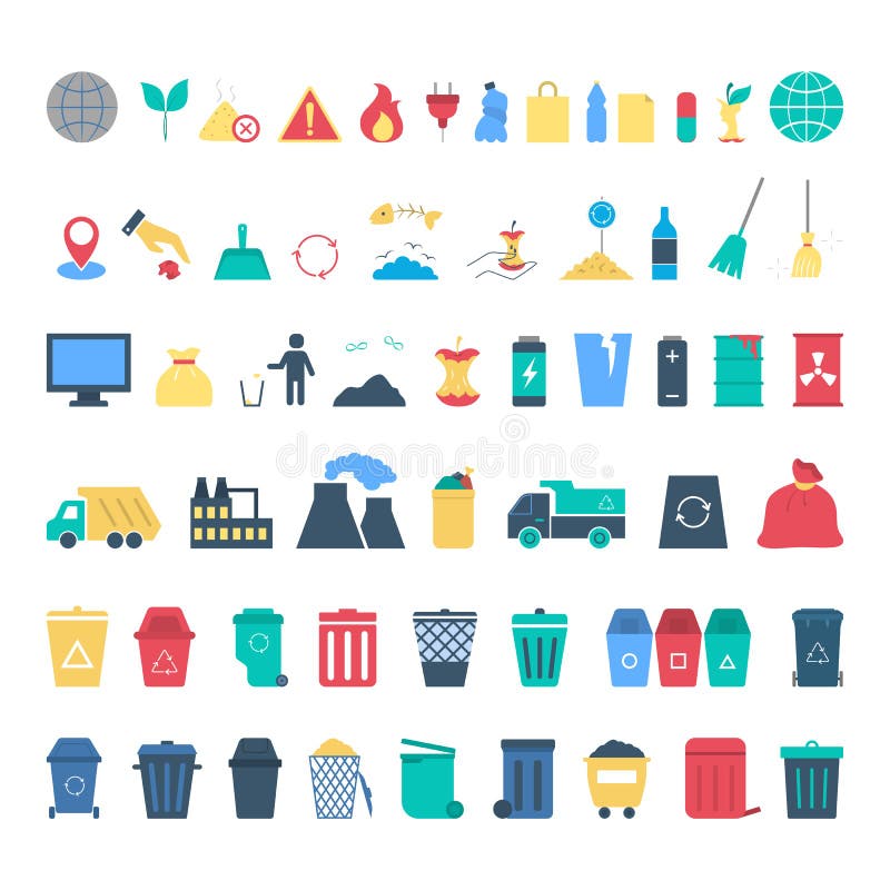 Garbage icon set. Collection of plastic, paper and glass waste vector illustration