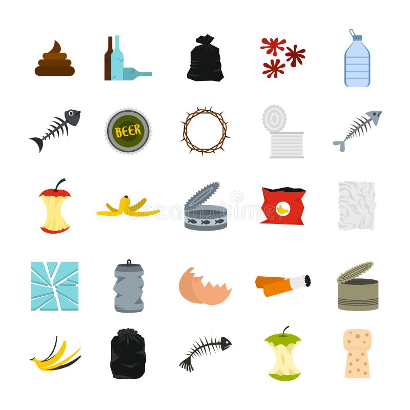 Garbage icon set, flat style royalty free illustration