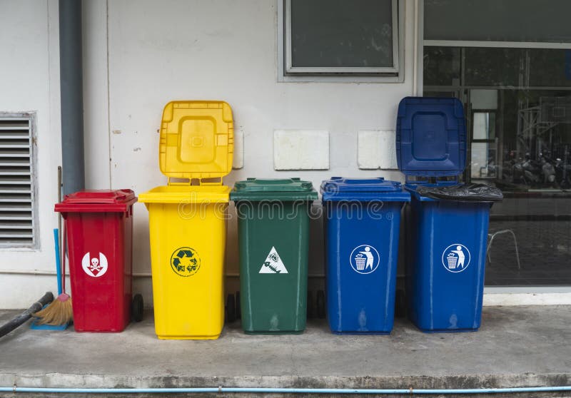 Garbage Trash Bins For Collecting A Recycle Materials. Garbage Trash Bins For Waste Segregation. Separate Waste