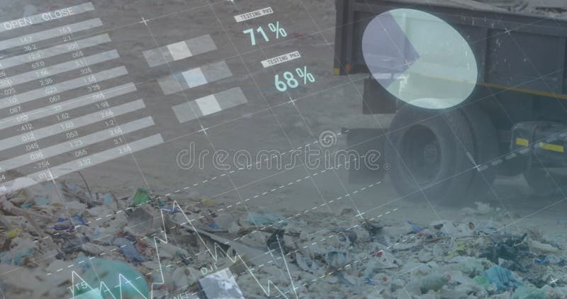 A garbage truck collecting waste, digital data overlay in view. Transparent graphs showing recycling stats amid urban cleanup, enhancing city maintenance efforts