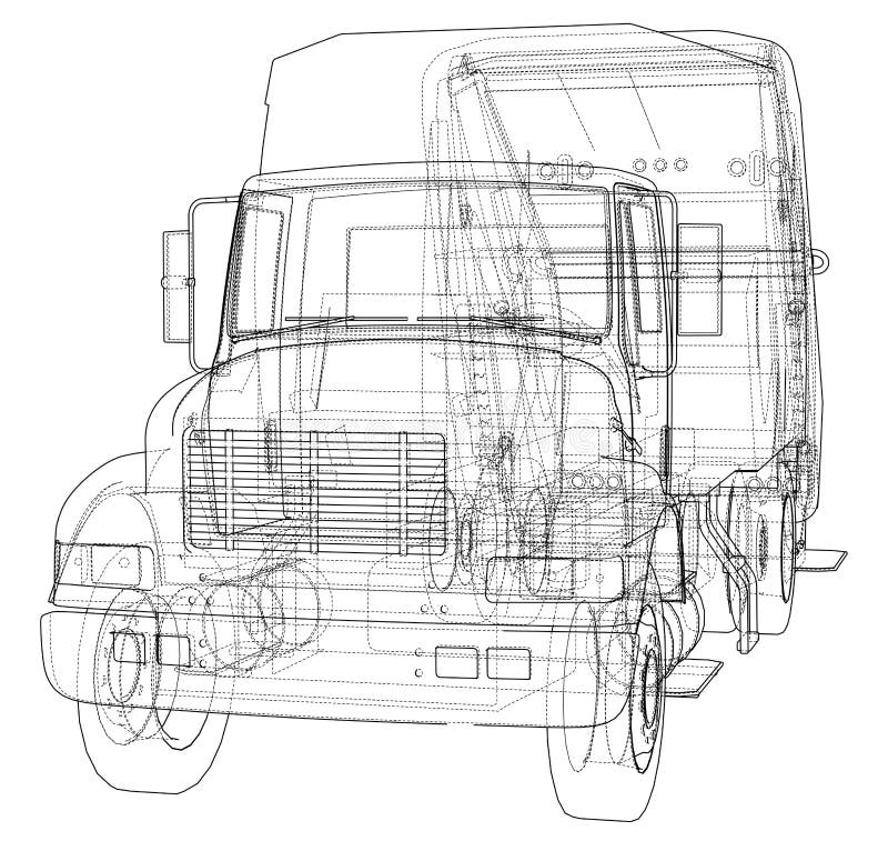 Garbage truck concept. Vector rendering of 3d. Wire-frame style. The layers of visible and invisible lines are separated