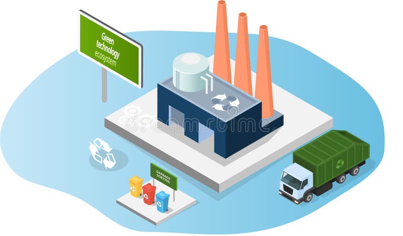 Garbage truck and trash recycling factory. Waste sorting, transport vehicle innovative technology vector illustration