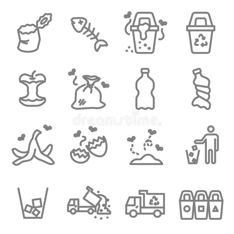Garbage Vector Line Icon Set. Contains such Icons as Banana Peel, Fishbone, Eggshell, Trash and more. Expanded Stroke vector illustration