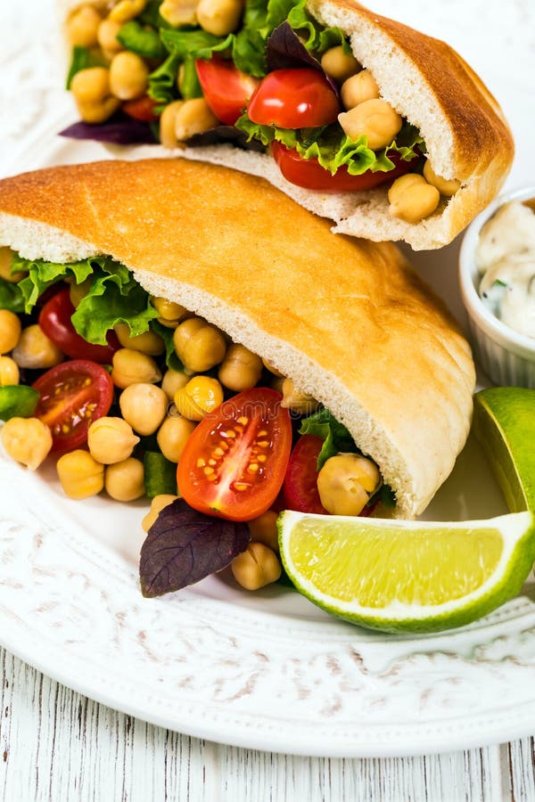 Veggie Pitas with Garbanzo Bean or Chickpea Salad Stock Photo Image