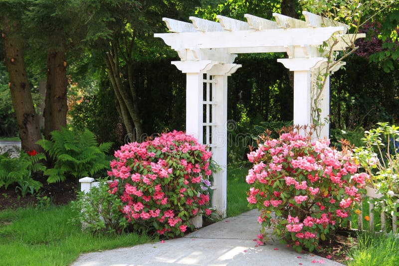 Garden arbor and pink flowers.