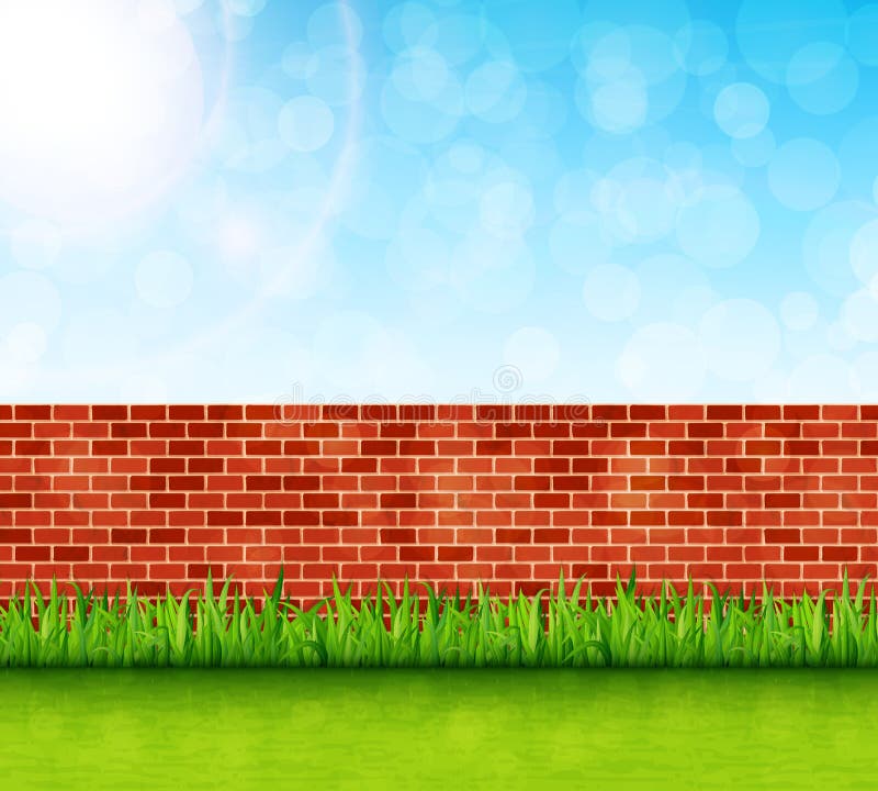 Garden Background with Green Grass and Brick Wall Vector Stock Vector
