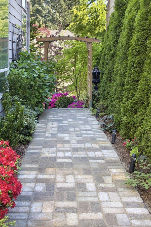 Garden Brick Paver Path With Arbor Stock Photo - Image of ...