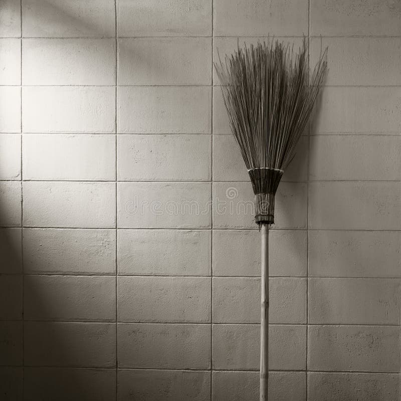 Garden broom on concrete wall background stock image Garden broom on concrete wall background stock image