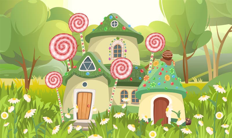 Garden Candy hut. Sweet caramel fairy house. Summer cute landscape. Illustration in cartoon style flat design. Picture