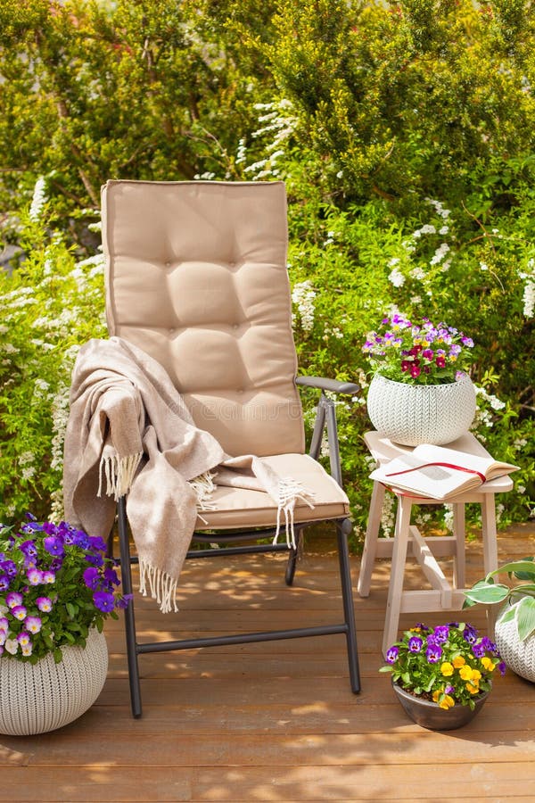 Garden Chair and Table on Terrace Flowers Bush Stock Photo Image of