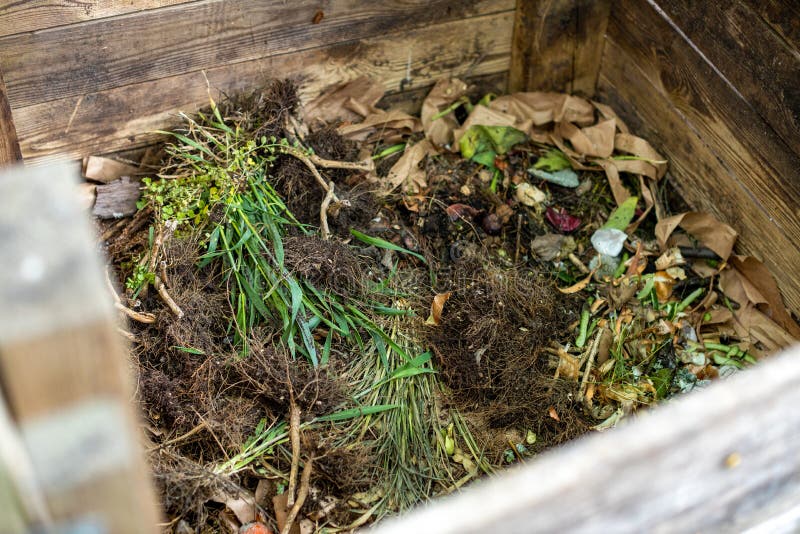 Garden compost bin full of organic waste stock image
