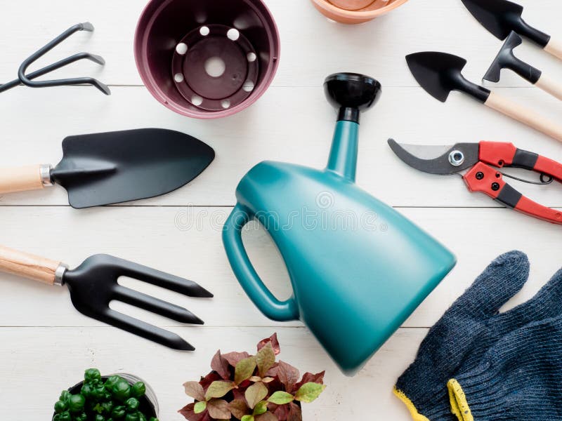 Garden concept with Gardening tools on white wooden background. stock image Garden concept with Gardening tools on white wooden background. stock image