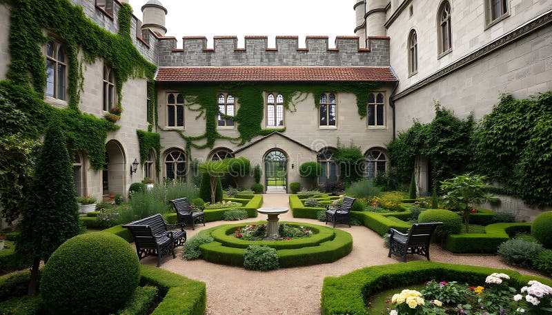 Garden courtyard-fontänen Europeisk stil och utomhuselegans Stock Photo Generative AI royaltyfri illustrationer