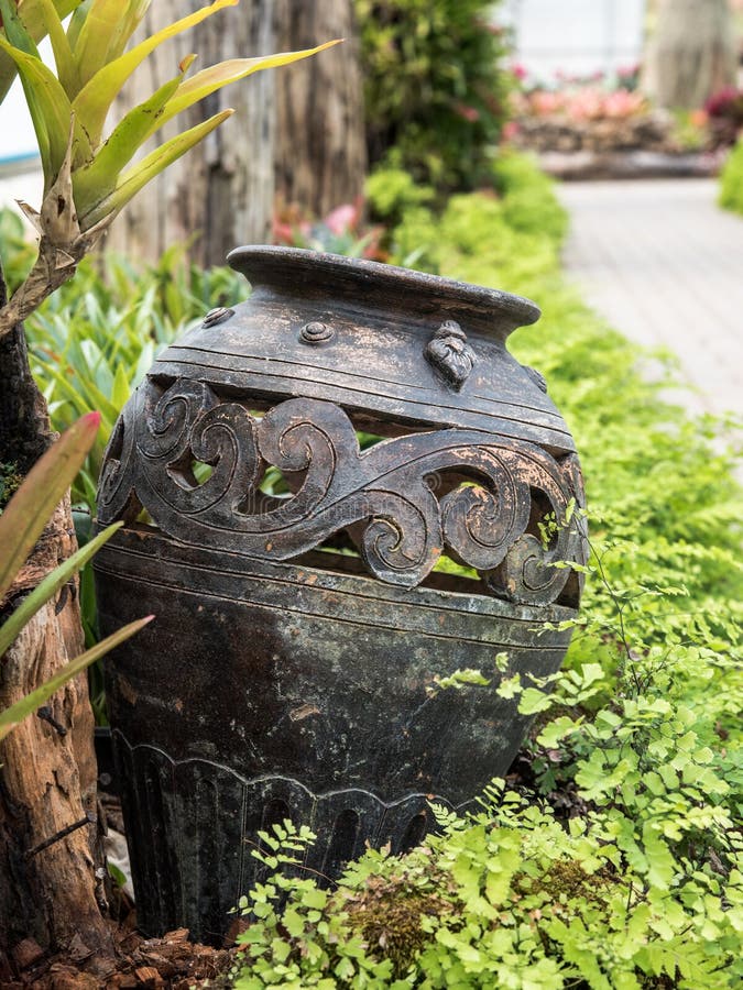 Garden Decoration by Pottery Jar, Pottery Pitcher Stock Photo Image