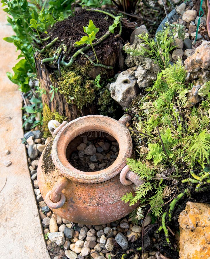 Garden Decoration by Pottery Jar, Pottery Pitcher Stock Photo Image