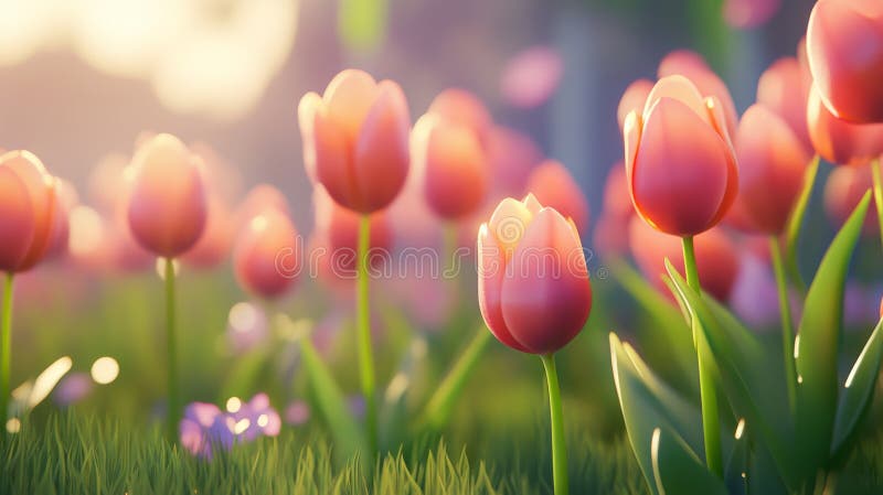 In a garden, a flower bed showcases many bright peach tulips, emphasizing selective focus royalty free stock images