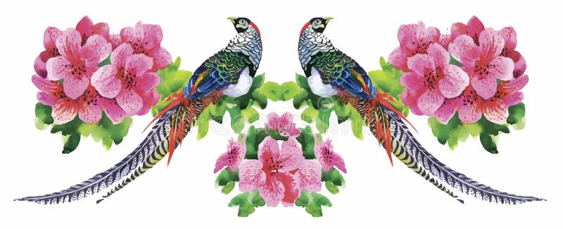 Garden flowers and pheasant birds watercolor pattern royalty free illustration Garden flowers and pheasant birds watercolor pattern royalty free illustration
