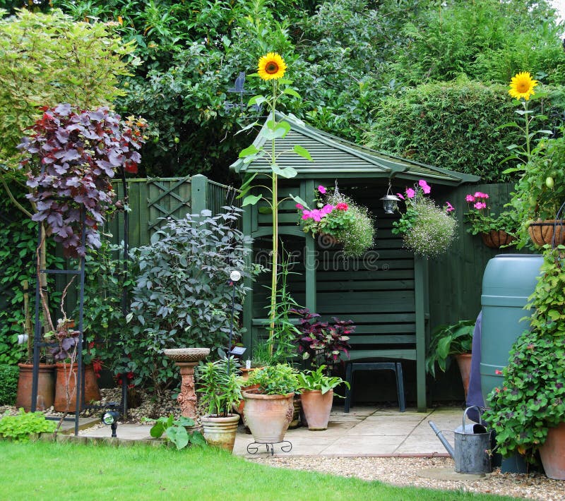 Garden Gazebo, flowerpots and sunflowers