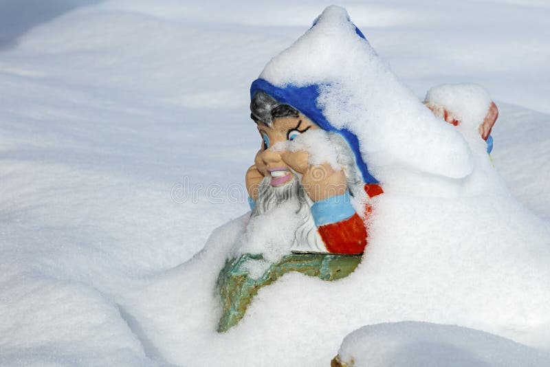 Garden gnome in snow stock image. Image of sunny, outside - 103029693