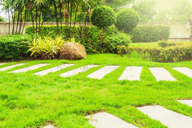 Garden landscape design with pathway intersecting bright green lawns and shrubs white sheet walkway in the garden. Landscape