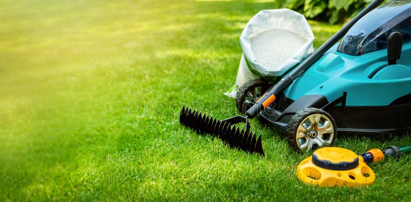 Garden Lawn Care Tools and Equipment for Perfect Green Grass. Copy Space  Stock Photo - Image of sprinkler, rake: 193210012