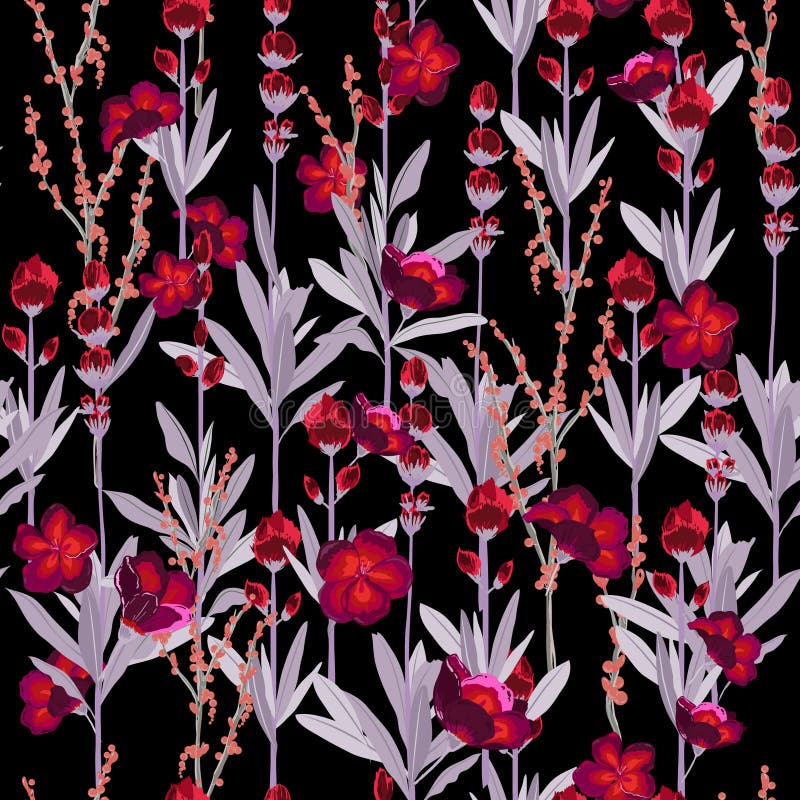 A garden night florals pattern in the many kind of flowers. Tropical botanical . Seamless vector texture.fashion prints. Printing vector illustration A garden night florals pattern in the many kind of flowers. Tropical botanical . Seamless vector texture.fashion prints. Printing vector illustration