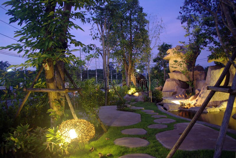 Garden at Night with Waterfall Stock Image Image of lamp, fall 38898055