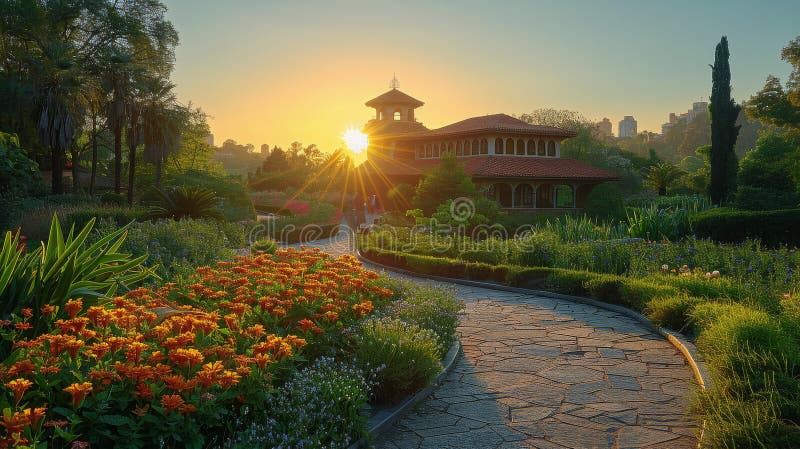 Garden With Palm Trees and Flowers in Front of a Building royalty free stock photo