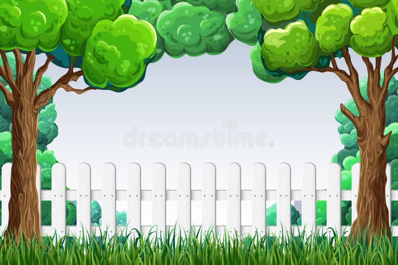 Garden or Park Background. Banner with Trees, White Wooden Fence, Grass and  Blue Sky Stock Vector - Illustration of design, nature: 216241678