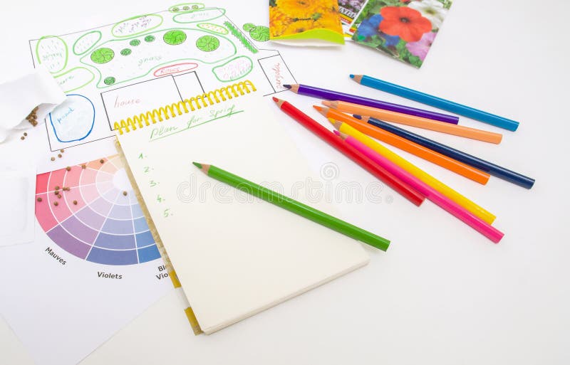 Garden planning for spring and notebook with colored pencils. Landscape design