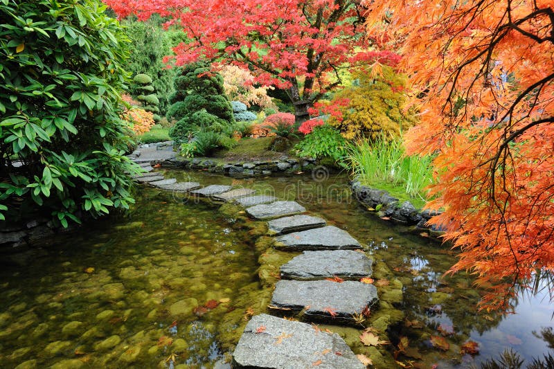 Estanque a carreteras en otonal japonés jardín (construido en 1903), isla, británico,.