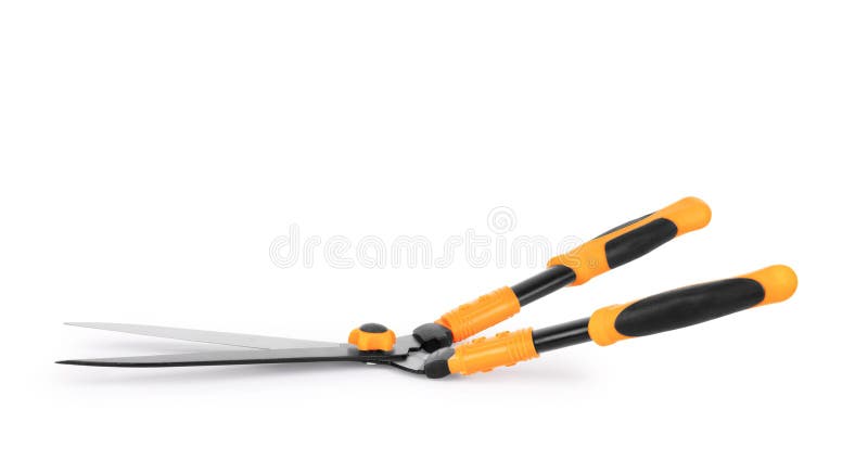 Garden scissors for grass and trimming shrubs on a white background stock images