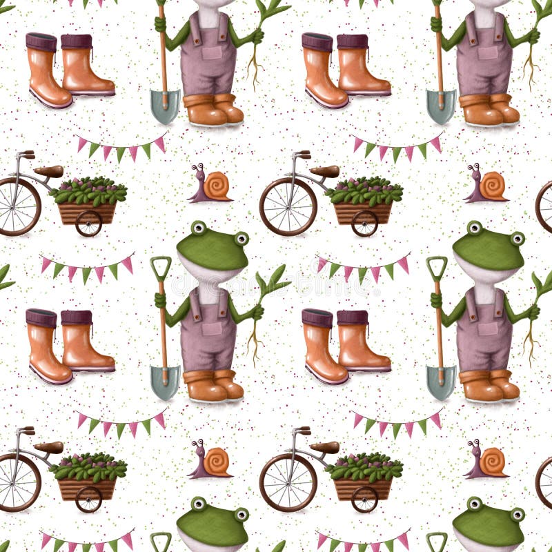 Garden seamless pattern with frog and flowers, watercolor style background stock illustration