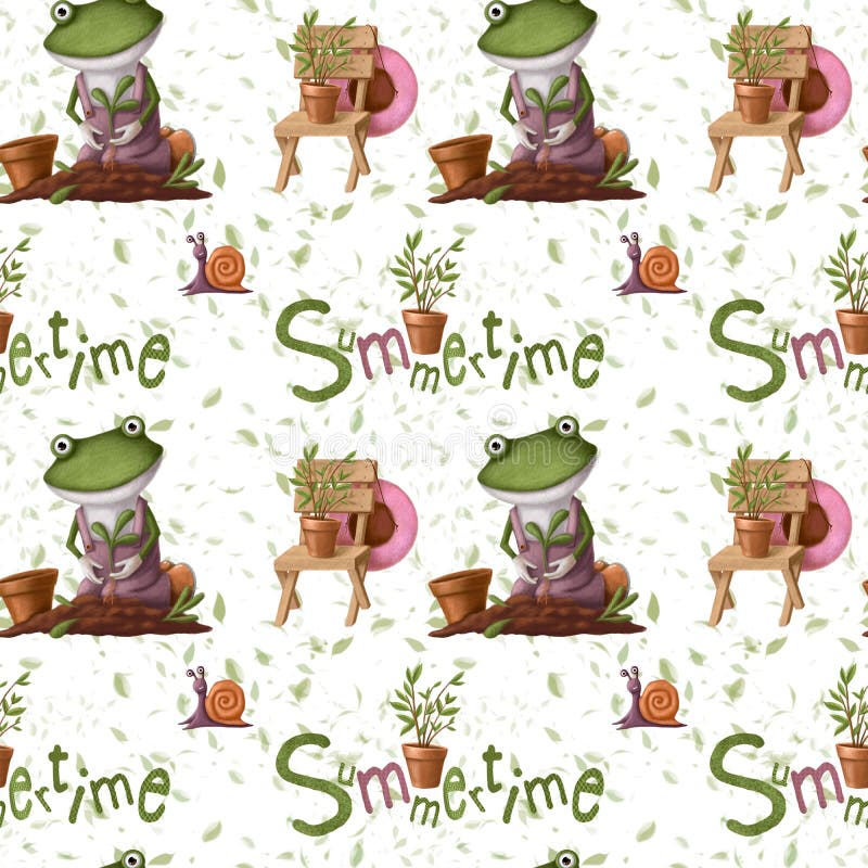 Garden seamless pattern with frog and flowers, watercolor style background royalty free illustration