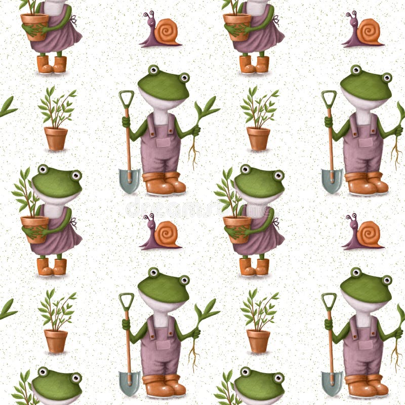Garden seamless pattern with frog and snail, watercolor style background vector illustration