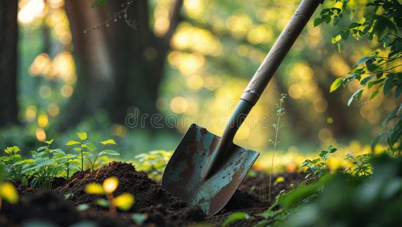 Garden Shovel Digging Into Soil in Sunlit Natural Setting with Lush Greenery Surrounding the Work Area royalty free stock image