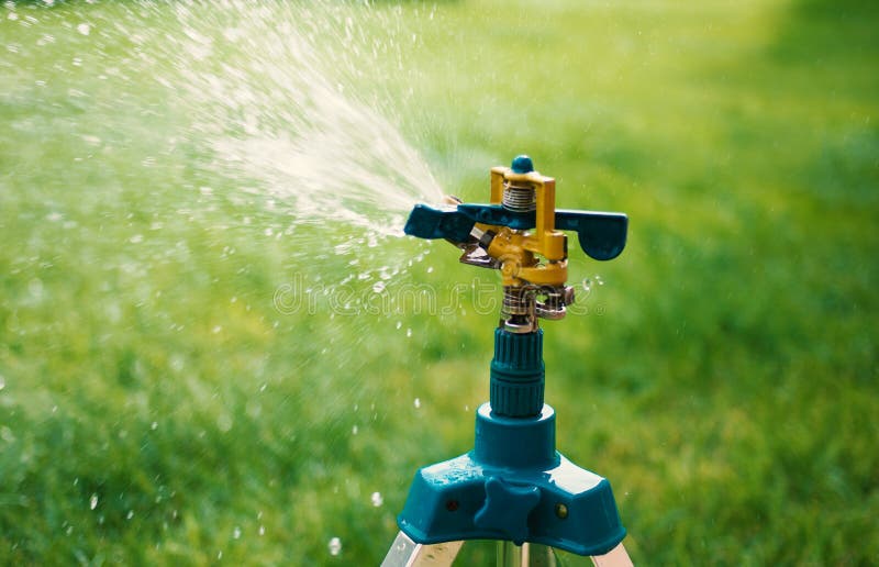 Garden Sprinkler Mounted on a Tripod Watering New Grass Stock Photo
