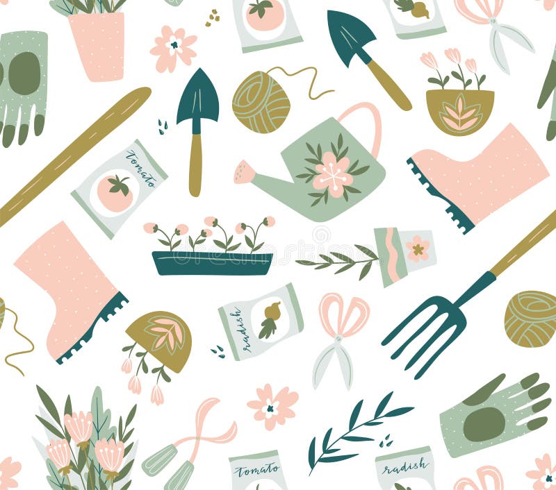 Garden tool seamless pattern. Vector illustration of gardening elements. Happy gardening. stock illustration Garden tool seamless pattern. Vector illustration of gardening elements. Happy gardening. stock illustration