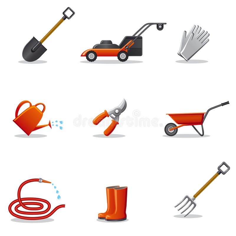 Garden tools icon set stock illustration. Illustration of mower 29314278