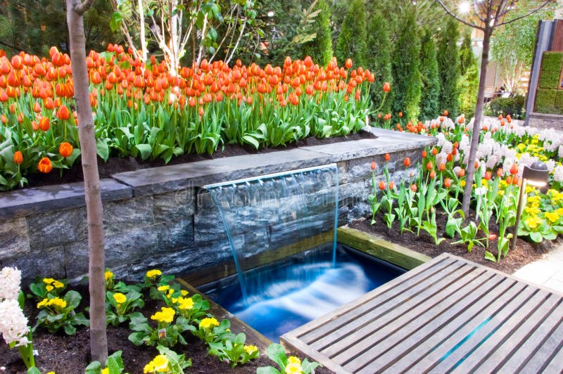 A designed garden of orange tulips and a waterfall with blue water. Man made waterfall stock images, royalty-free photos and pictures